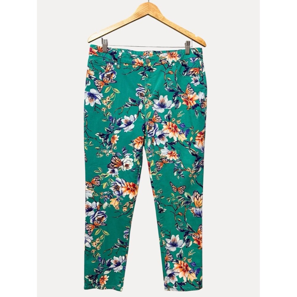 Chico's Green Floral Slim Ankle Jeans Size 12P Butterflies Colorful Cropped